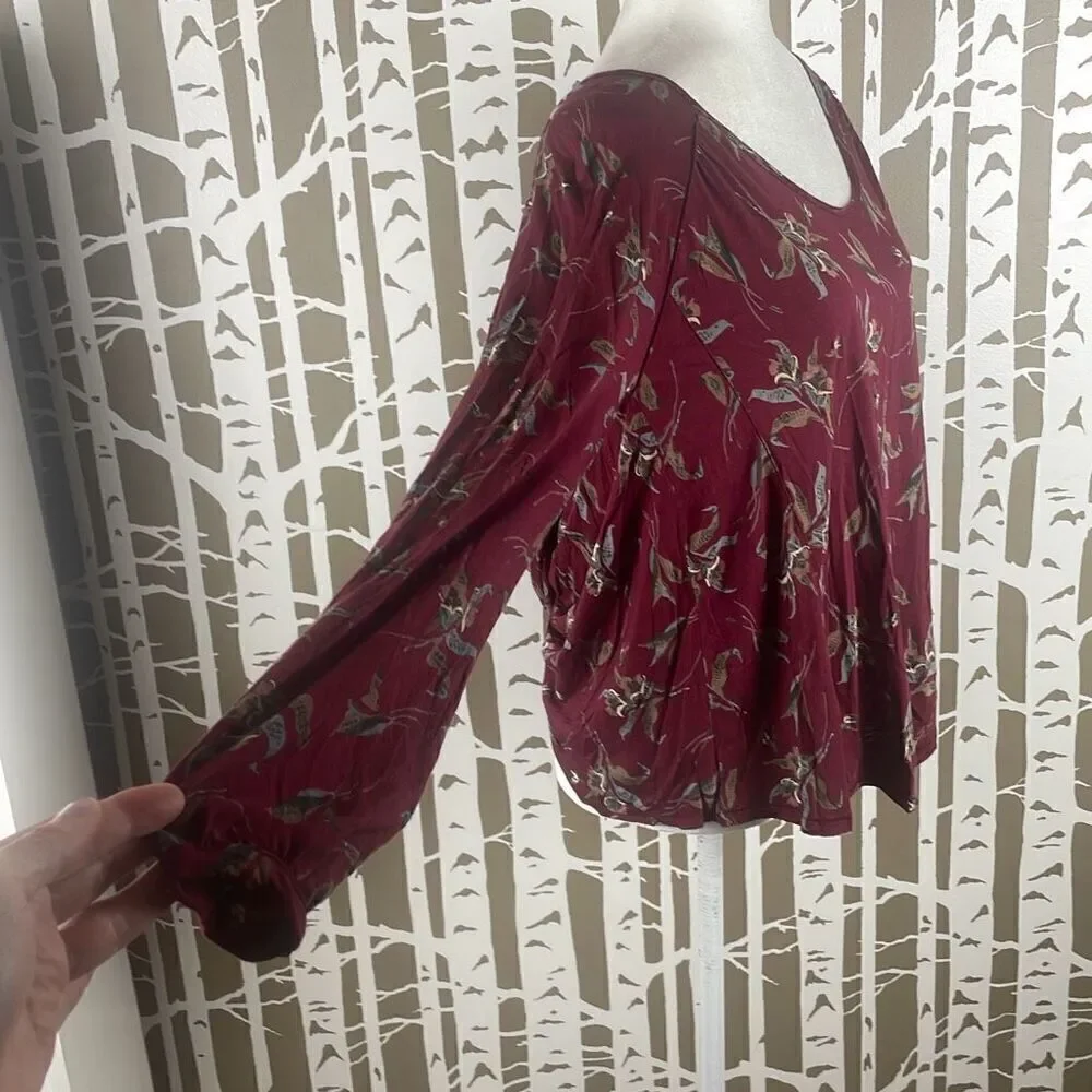 Free People Burgundy Floral Print Open Draped Back Long Sleeve Top S